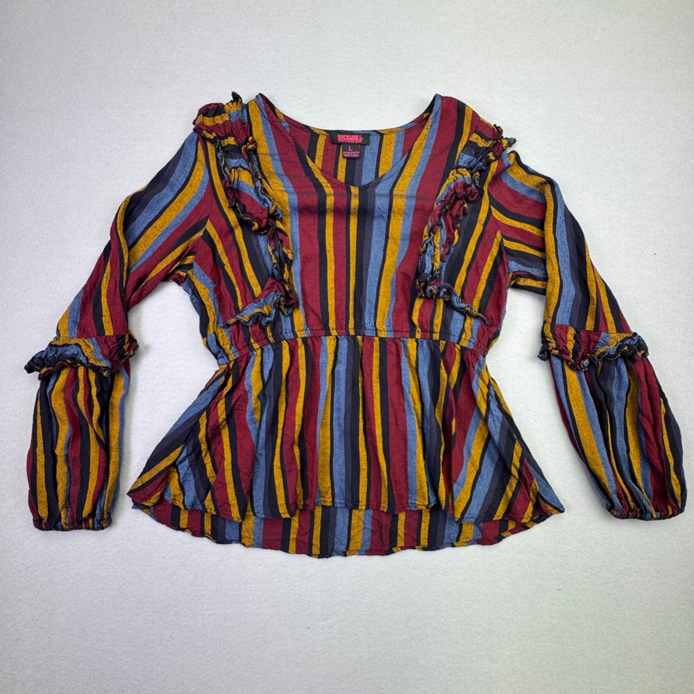 Rock & Roll Cowgirl Striped Ruffle Peplum Blouse in Burgundy, Mustard & Navy